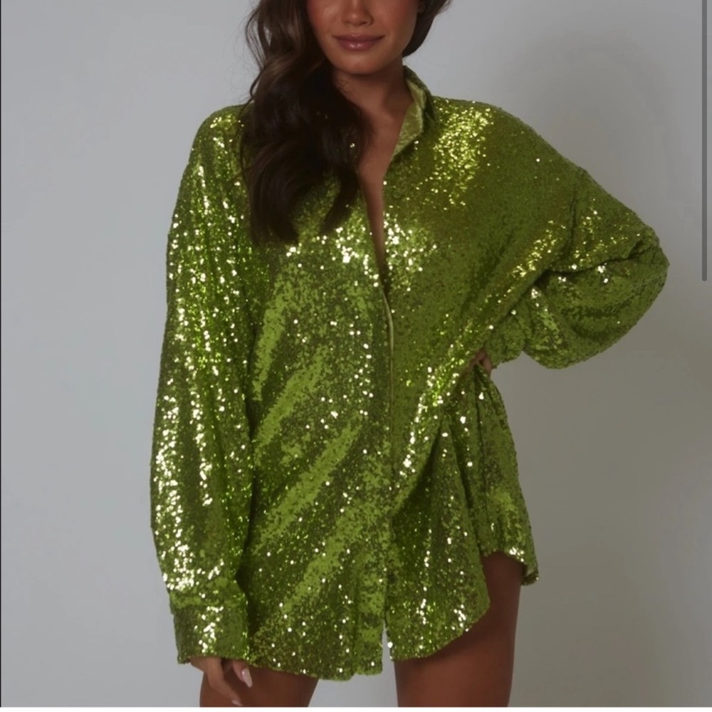Green Sequin Button-Up Shirt